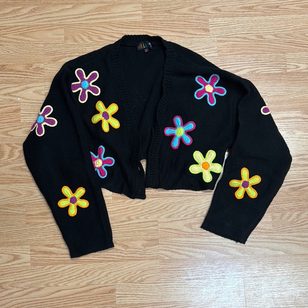 dELiA*s Black and Yellow Cardigan with Floral Design